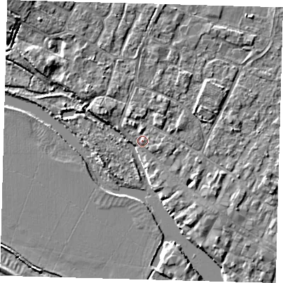 Shaded relief map of the ground around PE275BY, computed from Environment Agency LiDAR. The ground here sits at about 7 m above sea level and falls 5 m across the surrounding 800 m. Surface water reaching this point runs off ground lying to the north-west, 3.2 m higher.