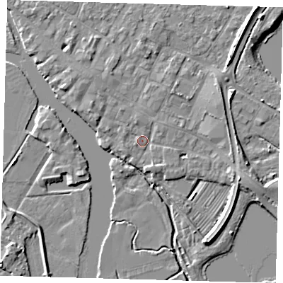 Shaded relief map of the ground around PE275DA, computed from Environment Agency LiDAR. The ground here sits at about 7 m above sea level and falls 6 m across the surrounding 800 m. Surface water reaching this point runs off ground lying to the north-north-west, 1.3 m higher.