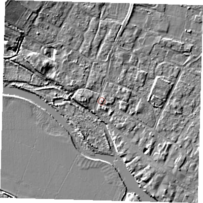 Shaded relief map of the ground around PE275DB, computed from Environment Agency LiDAR. The ground here sits at about 7 m above sea level and falls 7 m across the surrounding 800 m. Surface water reaching this point runs off ground lying to the west, 1.3 m higher.