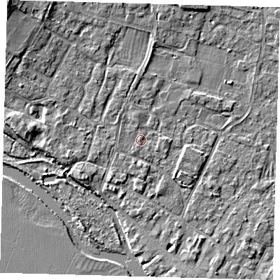 Shaded relief map of the ground around PE275DG, computed from Environment Agency LiDAR. The ground here sits at about 7 m above sea level and falls 8 m across the surrounding 800 m. Surface water reaching this point runs off ground lying to the east, 1.1 m higher.