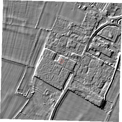 Shaded relief map of the ground around PE275DJ, computed from Environment Agency LiDAR. The ground here sits at about 7 m above sea level and falls 3 m across the surrounding 800 m. The ground contributing surface water to this point lies to the south-south-west.