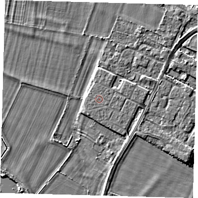 Shaded relief map of the ground around PE275DL, computed from Environment Agency LiDAR. The ground here sits at about 7 m above sea level and falls 4 m across the surrounding 800 m. The ground contributing surface water to this point lies to the west-south-west.