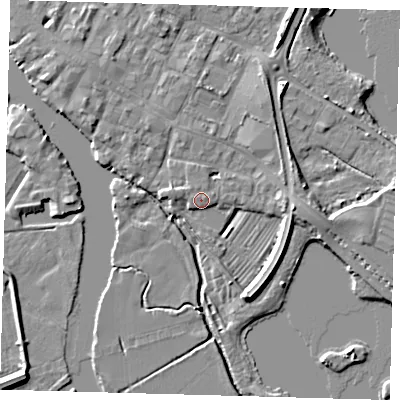 Shaded relief map of the ground around PE275DN, computed from Environment Agency LiDAR. The ground here sits at about 7 m above sea level and falls 6 m across the surrounding 800 m. Surface water reaching this point runs off ground lying to the south-south-east, 4.6 m higher.