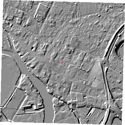 Shaded relief map of the ground around PE275DP, computed from Environment Agency LiDAR. The ground here sits at about 7 m above sea level and falls 5 m across the surrounding 800 m. Surface water reaching this point runs off ground lying to the west-south-west, 1.9 m higher.