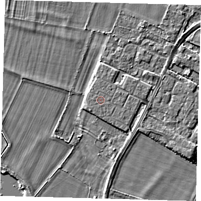 Shaded relief map of the ground around PE275DQ, computed from Environment Agency LiDAR. The ground here sits at about 7 m above sea level and falls 4 m across the surrounding 800 m. The ground contributing surface water to this point lies to the west.