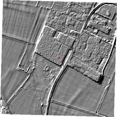 Shaded relief map of the ground around PE275DR, computed from Environment Agency LiDAR. The ground here sits at about 7 m above sea level and falls 3 m across the surrounding 800 m. The ground contributing surface water to this point lies to the north-north-east.