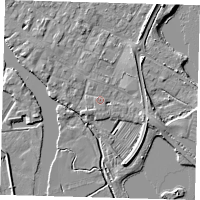 Shaded relief map of the ground around PE275DS, computed from Environment Agency LiDAR. The ground here sits at about 7 m above sea level and falls 6 m across the surrounding 800 m. The ground contributing surface water to this point lies to the south.