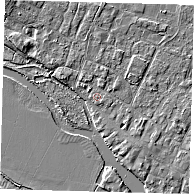 Shaded relief map of the ground around PE275DT, computed from Environment Agency LiDAR. The ground here sits at about 7 m above sea level and falls 4 m across the surrounding 800 m. Surface water reaching this point runs off ground lying to the south, 1.0 m higher.