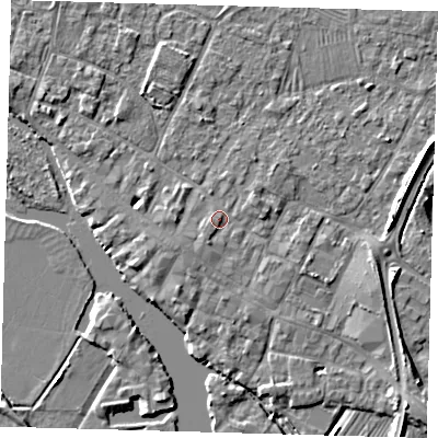 Shaded relief map of the ground around PE275DY, computed from Environment Agency LiDAR. The ground here sits at about 7 m above sea level and falls 5 m across the surrounding 800 m. Surface water reaching this point runs off ground lying to the south-south-west, 1.9 m higher.