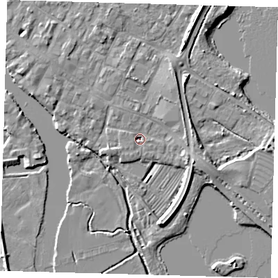 Shaded relief map of the ground around PE275DZ, computed from Environment Agency LiDAR. The ground here sits at about 6 m above sea level and falls 6 m across the surrounding 800 m. Surface water reaching this point runs off ground lying to the south-south-west, 1.4 m higher.