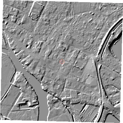 Shaded relief map of the ground around PE275EA, computed from Environment Agency LiDAR. The ground here sits at about 7 m above sea level and falls 5 m across the surrounding 800 m. Surface water reaching this point runs off ground lying to the west-south-west, 1.8 m higher.