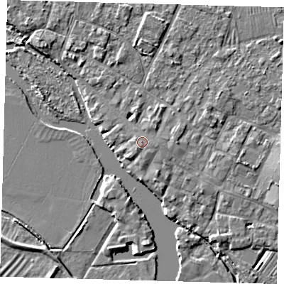 Shaded relief map of the ground around PE275ED, computed from Environment Agency LiDAR. The ground here sits at about 8 m above sea level and falls 4 m across the surrounding 800 m. The ground contributing surface water to this point lies to the east-south-east.