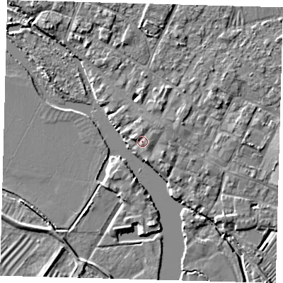 Shaded relief map of the ground around PE275EF, computed from Environment Agency LiDAR. The ground here sits at about 7 m above sea level and falls 4 m across the surrounding 800 m. Surface water reaching this point runs off ground lying to the north, 1.5 m higher.
