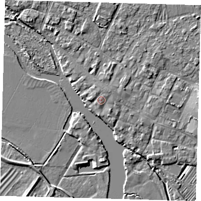 Shaded relief map of the ground around PE275EG, computed from Environment Agency LiDAR. The ground here sits at about 8 m above sea level and falls 4 m across the surrounding 800 m. Surface water reaching this point runs off ground lying to the south-east, 0.8 m higher.