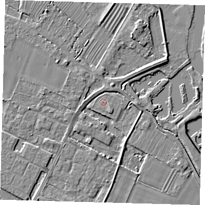 Shaded relief map of the ground around PE275EL, computed from Environment Agency LiDAR. The ground here sits at about 6 m above sea level and falls 6 m across the surrounding 800 m. Surface water reaching this point runs off ground lying to the south-west, 1.8 m higher.