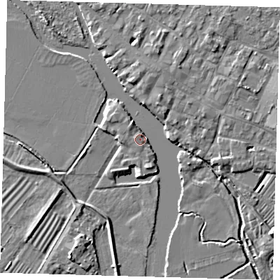 Shaded relief map of the ground around PE275EP, computed from Environment Agency LiDAR. The ground here sits at about 7 m above sea level and falls 5 m across the surrounding 800 m. Surface water reaching this point runs off ground lying to the north-north-west, 2.8 m higher.