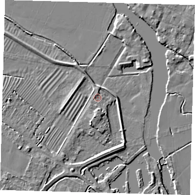 Shaded relief map of the ground around PE275ER, computed from Environment Agency LiDAR. The ground here sits at about 6 m above sea level and falls 6 m across the surrounding 800 m. Surface water reaching this point runs off ground lying to the north-north-east, 1.5 m higher.