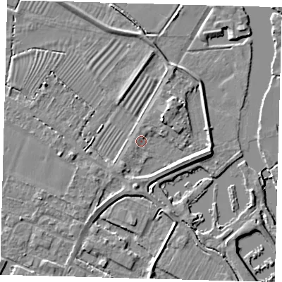 Shaded relief map of the ground around PE275ES, computed from Environment Agency LiDAR. The ground here sits at about 6 m above sea level and falls 6 m across the surrounding 800 m. Surface water reaching this point runs off ground lying to the south-west, 1.5 m higher.