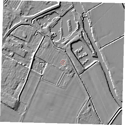 Shaded relief map of the ground around PE275ET, computed from Environment Agency LiDAR. The ground here sits at about 6 m above sea level and falls 6 m across the surrounding 800 m. Surface water reaching this point runs off ground lying to the south-south-east, 0.8 m higher.