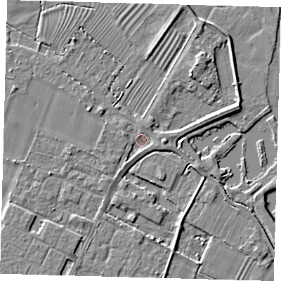 Shaded relief map of the ground around PE275EU, computed from Environment Agency LiDAR. The ground here sits at about 6 m above sea level and falls 6 m across the surrounding 800 m. Surface water reaching this point runs off ground lying to the east-north-east, 4.3 m higher.