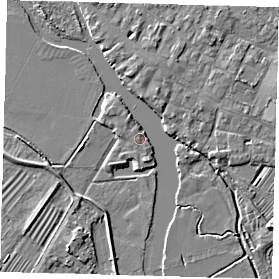 Shaded relief map of the ground around PE275EW, computed from Environment Agency LiDAR. The ground here sits at about 7 m above sea level and falls 5 m across the surrounding 800 m. Surface water reaching this point runs off ground lying to the west-south-west, 1.9 m higher.