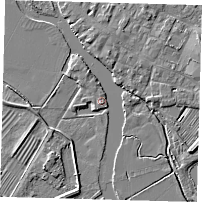 Shaded relief map of the ground around PE275EY, computed from Environment Agency LiDAR. The ground here sits at about 7 m above sea level and falls 5 m across the surrounding 800 m. Surface water reaching this point runs off ground lying to the south-south-west, 0.9 m higher.