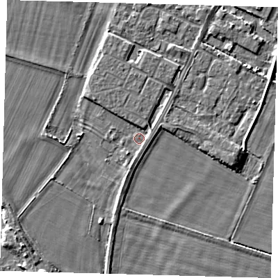 Shaded relief map of the ground around PE275EZ, computed from Environment Agency LiDAR. The ground here sits at about 6 m above sea level and falls 3 m across the surrounding 800 m. Surface water reaching this point runs off ground lying to the north-north-east, 1.3 m higher.