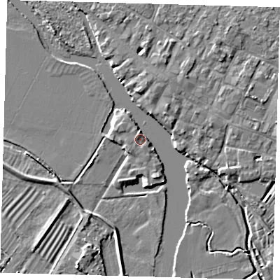 Shaded relief map of the ground around PE275FD, computed from Environment Agency LiDAR. The ground here sits at about 7 m above sea level and falls 5 m across the surrounding 800 m. Surface water reaching this point runs off ground lying to the north, 2.5 m higher.