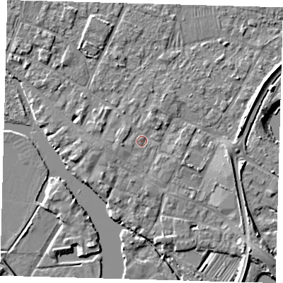 Shaded relief map of the ground around PE275FG, computed from Environment Agency LiDAR. The ground here sits at about 7 m above sea level and falls 5 m across the surrounding 800 m. Surface water reaching this point runs off ground lying to the south-west, 1.9 m higher.