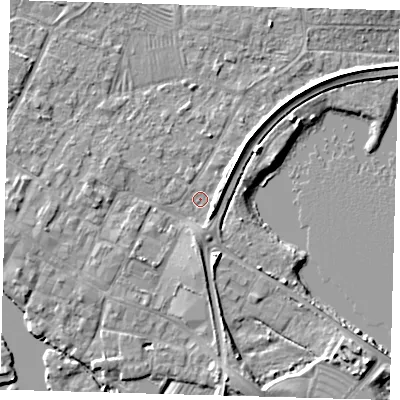 Shaded relief map of the ground around PE275FZ, computed from Environment Agency LiDAR. The ground here sits at about 6 m above sea level and falls 5 m across the surrounding 800 m. Surface water reaching this point runs off ground lying to the south, 3.4 m higher.
