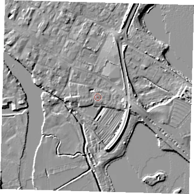 Shaded relief map of the ground around PE275GA, computed from Environment Agency LiDAR. The ground here sits at about 7 m above sea level and falls 6 m across the surrounding 800 m. Surface water reaching this point runs off ground lying to the west-south-west, 0.7 m higher.