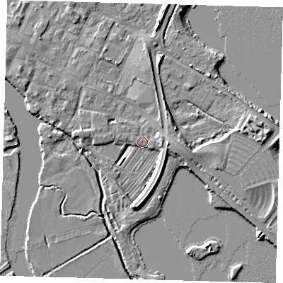 Shaded relief map of the ground around PE275GF, computed from Environment Agency LiDAR. The ground here sits at about 7 m above sea level and falls 6 m across the surrounding 800 m. Surface water reaching this point runs off ground lying to the south, 4.5 m higher.