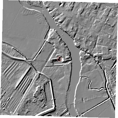 Shaded relief map of the ground around PE275GT, computed from Environment Agency LiDAR. The ground here sits at about 6 m above sea level and falls 5 m across the surrounding 800 m. Surface water reaching this point runs off ground lying to the east-south-east, 2.1 m higher.