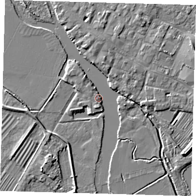 Shaded relief map of the ground around PE275GU, computed from Environment Agency LiDAR. The ground here sits at about 7 m above sea level and falls 5 m across the surrounding 800 m. Surface water reaching this point runs off ground lying to the north, 3.0 m higher.