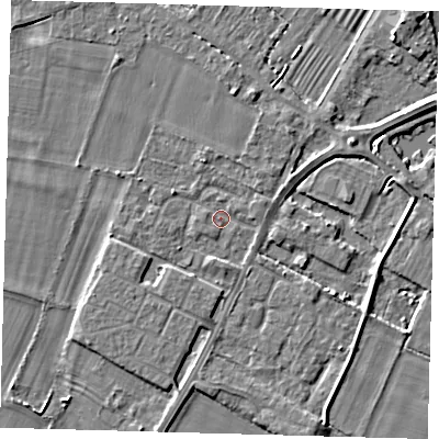 Shaded relief map of the ground around PE275HA, computed from Environment Agency LiDAR. The ground here sits at about 6 m above sea level and falls 4 m across the surrounding 800 m. Surface water reaching this point runs off ground lying to the east-north-east, 3.5 m higher.