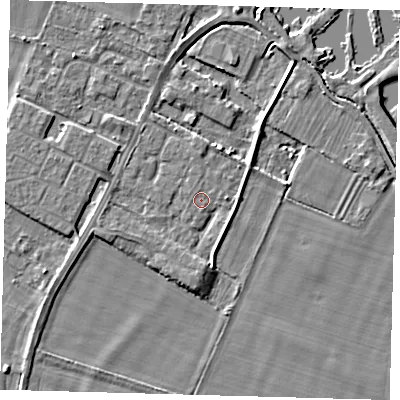 Shaded relief map of the ground around PE275HB, computed from Environment Agency LiDAR. The ground here sits at about 6 m above sea level and falls 4 m across the surrounding 800 m. Surface water reaching this point runs off ground lying to the south, 2.3 m higher.