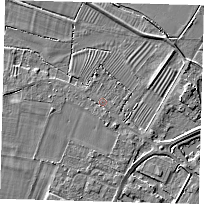 Shaded relief map of the ground around PE275HD, computed from Environment Agency LiDAR. The ground here sits at about 6 m above sea level and falls 4 m across the surrounding 800 m. Surface water reaching this point runs off ground lying to the west-south-west, 1.3 m higher.