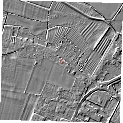Shaded relief map of the ground around PE275HE, computed from Environment Agency LiDAR. The ground here sits at about 6 m above sea level and falls 4 m across the surrounding 800 m. Surface water reaching this point runs off ground lying to the west-south-west, 1.3 m higher.