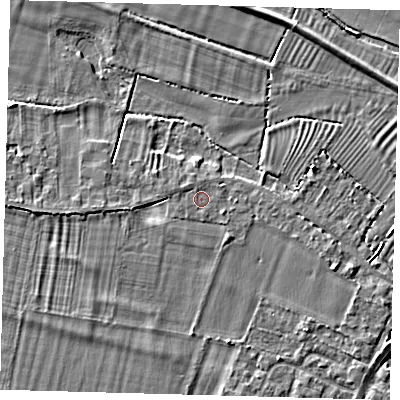 Shaded relief map of the ground around PE275HF, computed from Environment Agency LiDAR. The ground here sits at about 7 m above sea level and falls 3 m across the surrounding 800 m. The ground contributing surface water to this point lies to the west-south-west.