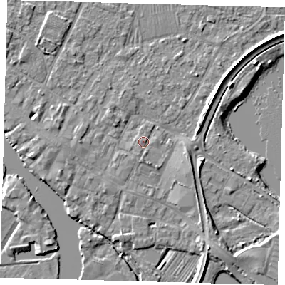 Shaded relief map of the ground around PE275JB, computed from Environment Agency LiDAR. The ground here sits at about 7 m above sea level and falls 5 m across the surrounding 800 m. Surface water reaching this point runs off ground lying to the south-south-east, 3.5 m higher.