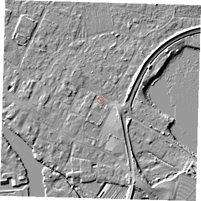 Shaded relief map of the ground around PE275JD, computed from Environment Agency LiDAR. The ground here sits at about 6 m above sea level and falls 5 m across the surrounding 800 m. Surface water reaching this point runs off ground lying to the south-south-east, 3.5 m higher.