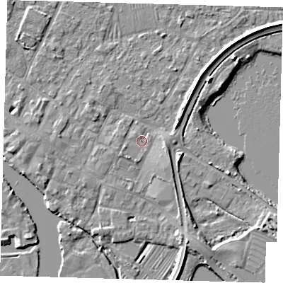 Shaded relief map of the ground around PE275JE, computed from Environment Agency LiDAR. The ground here sits at about 6 m above sea level and falls 5 m across the surrounding 800 m. Surface water reaching this point runs off ground lying to the south-south-east, 3.5 m higher.