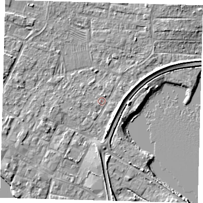Shaded relief map of the ground around PE275JF, computed from Environment Agency LiDAR. The ground here sits at about 6 m above sea level and falls 5 m across the surrounding 800 m. Surface water reaching this point runs off ground lying to the east, 2.5 m higher.