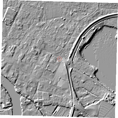 Shaded relief map of the ground around PE275JG, computed from Environment Agency LiDAR. The ground here sits at about 6 m above sea level and falls 5 m across the surrounding 800 m. Surface water reaching this point runs off ground lying to the south-south-east, 3.5 m higher.