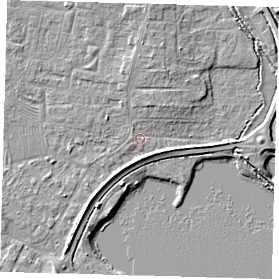Shaded relief map of the ground around PE275JJ, computed from Environment Agency LiDAR. The ground here sits at about 6 m above sea level and falls 5 m across the surrounding 800 m. Surface water reaching this point runs off ground lying to the south-west, 3.7 m higher.