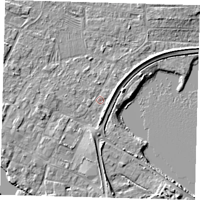 Shaded relief map of the ground around PE275JN, computed from Environment Agency LiDAR. The ground here sits at about 6 m above sea level and falls 5 m across the surrounding 800 m. Surface water reaching this point runs off ground lying to the south, 2.9 m higher.
