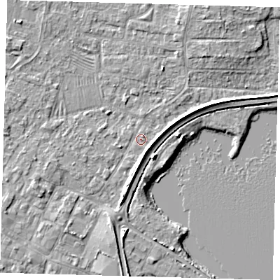 Shaded relief map of the ground around PE275JP, computed from Environment Agency LiDAR. The ground here sits at about 6 m above sea level and falls 5 m across the surrounding 800 m. Surface water reaching this point runs off ground lying to the north-north-east, 0.6 m higher.