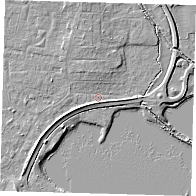 Shaded relief map of the ground around PE275JQ, computed from Environment Agency LiDAR. The ground here sits at about 6 m above sea level and falls 5 m across the surrounding 800 m. Surface water reaching this point runs off ground lying to the north, 4.2 m higher.
