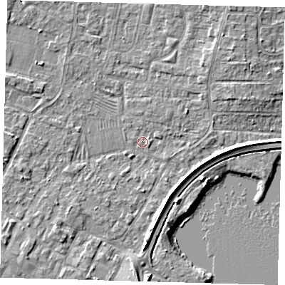 Shaded relief map of the ground around PE275JR, computed from Environment Agency LiDAR. The ground here sits at about 6 m above sea level and falls 5 m across the surrounding 800 m. Surface water reaching this point runs off ground lying to the south, 1.5 m higher.