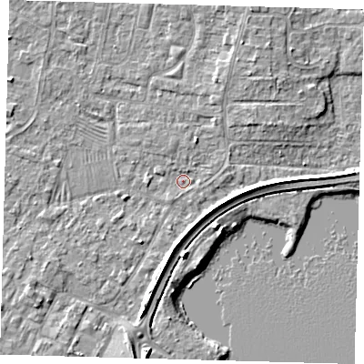 Shaded relief map of the ground around PE275JS, computed from Environment Agency LiDAR. The ground here sits at about 6 m above sea level and falls 5 m across the surrounding 800 m. Surface water reaching this point runs off ground lying to the south-west, 1.5 m higher.